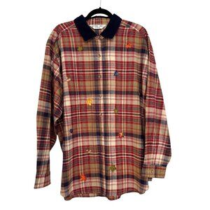 Vintage Victoria Jones Plaid Flannel Shirt Red Sz 2X Embroidered Corduroy Collar